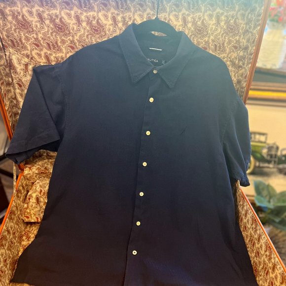 Nautica (Easy Care Silk Blend) Navy Men's Shirt Large - Picture 1 of 6